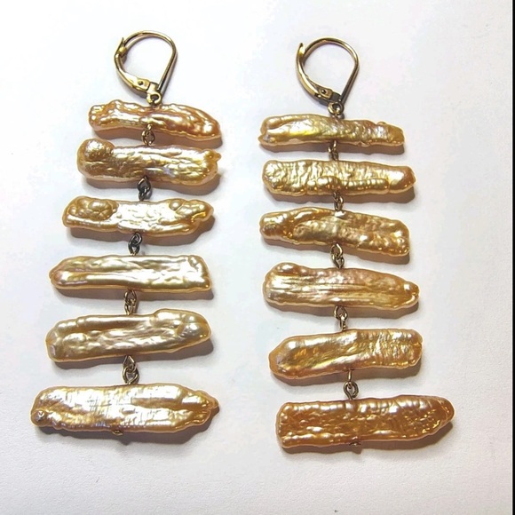 biwa Jewelry - RARE Gold Filled Lake BIWA JAPAN Baroque Golden Yellow Pearl Dangle Earrings